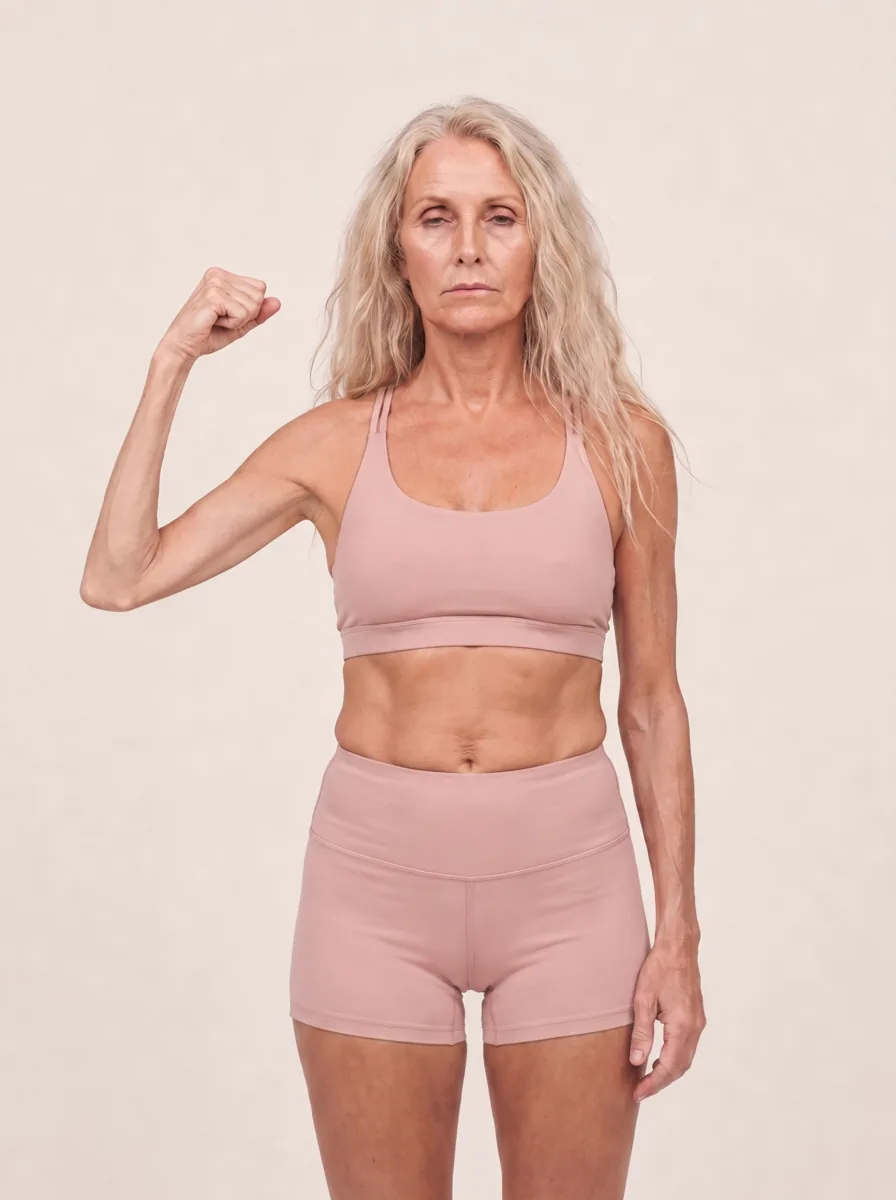A tired woman in her fifties raising a thin arm in a flex, with a soft belly